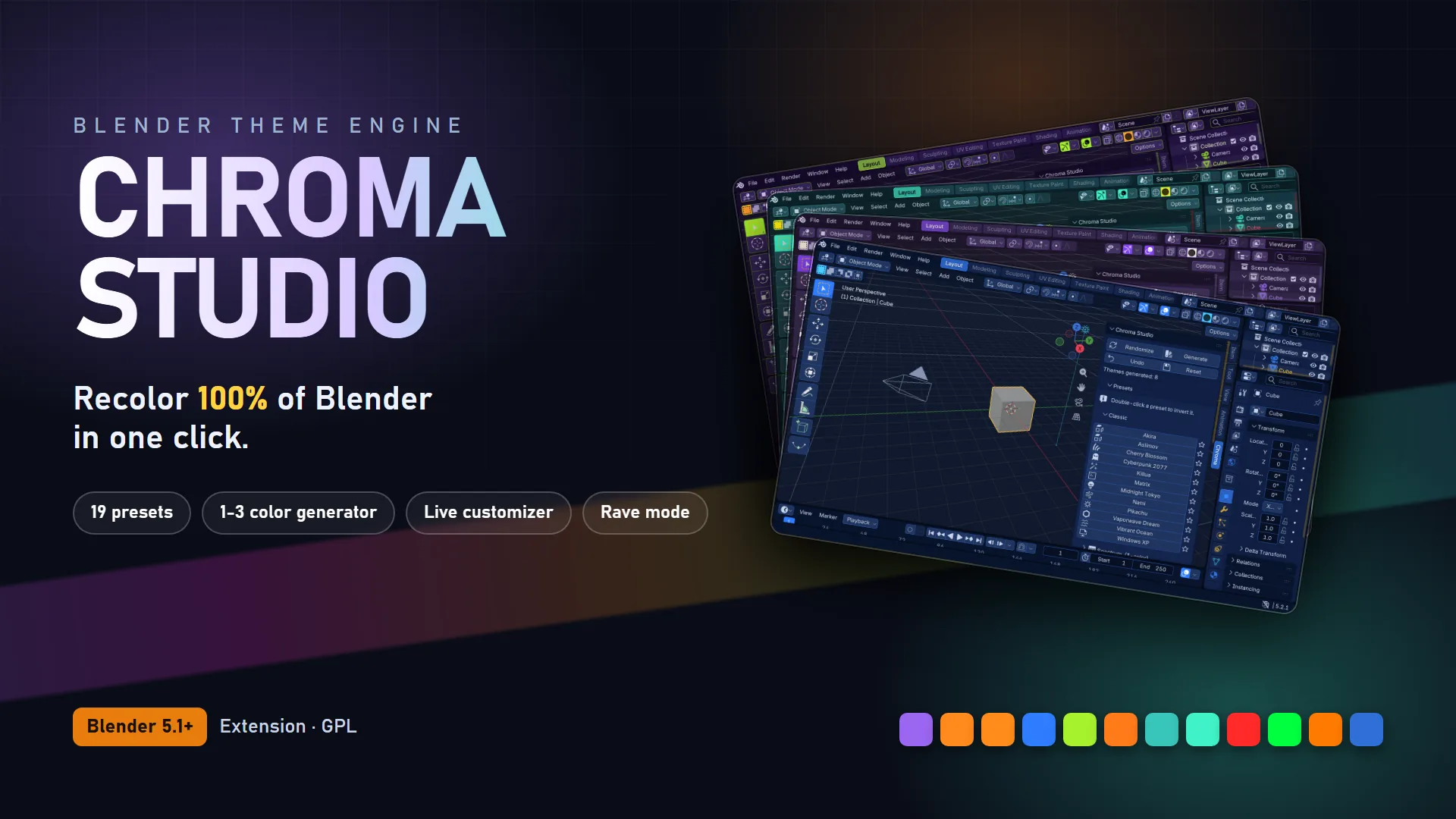 Chroma Studio: four Blender windows, each in a different theme